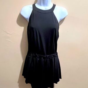 Romper with over skirt, black, open zipper back, sleeveless,